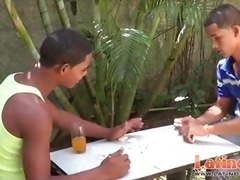 Exotic twink mates play strip domino for a blowjob